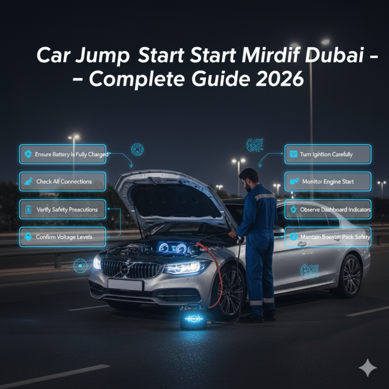 Roadside technician restarting a car engine after battery boost in Mirdif Dubai, with infographic-style side points showing key steps.