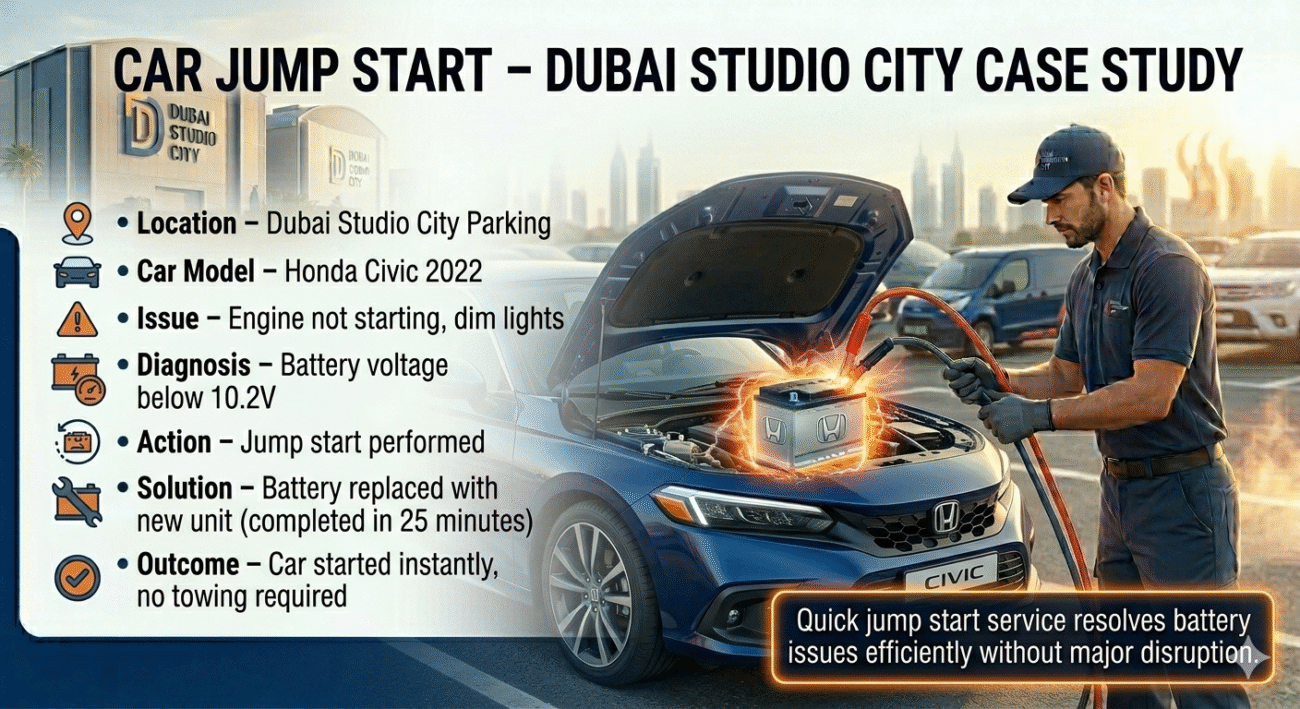 "Dubai Studio City car jump start case study showing Honda Civic 2022 being jump-started with glowing battery cables, roadside technician assisting, and key case details on sides."