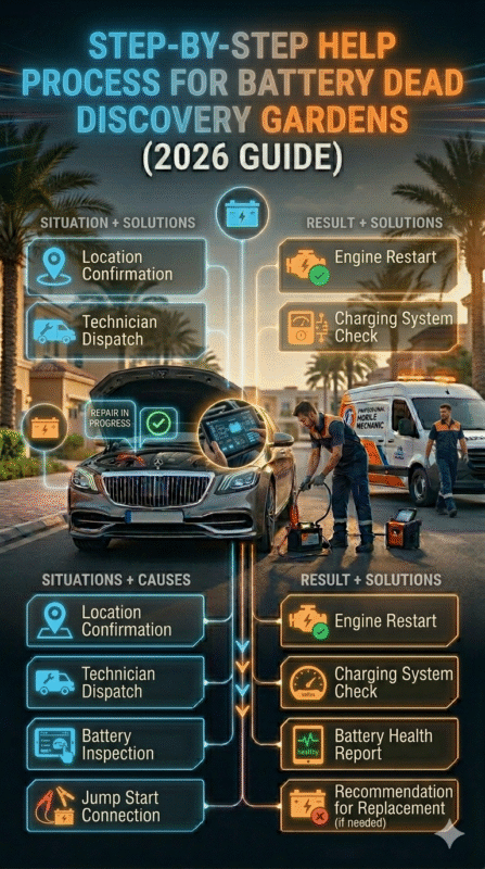 Infographic showing step-by-step roadside assistance process for battery dead issue in Discovery Gardens with luxury car, technician inspection, and structured service workflow.