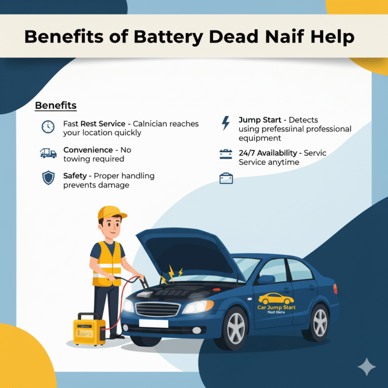 "User guide image showing the benefits of Battery Dead Naif Help with a technician jump starting a car in the center and key benefits displayed on the sides."