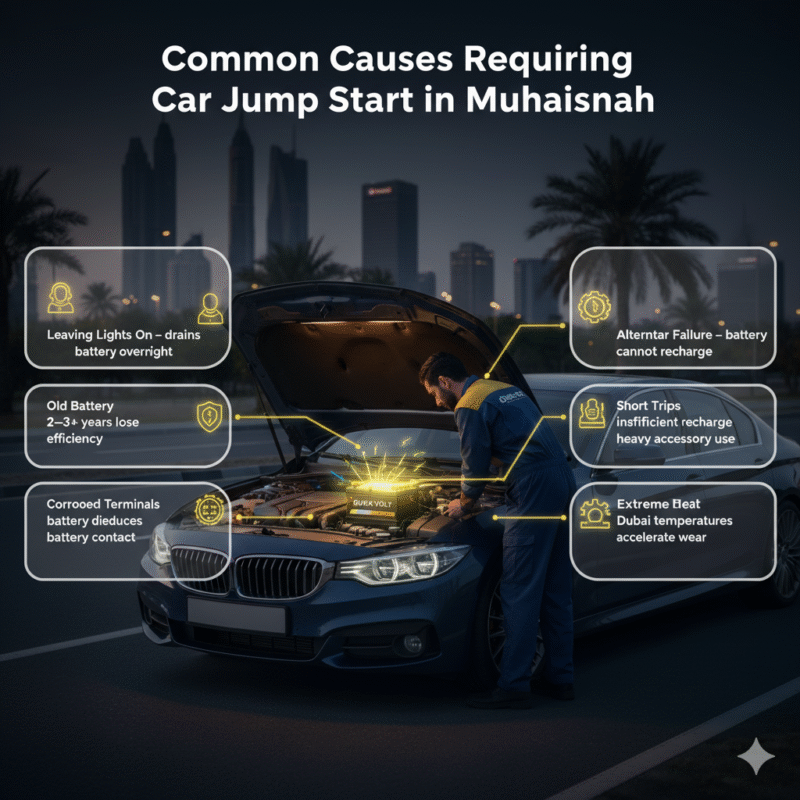 Infographic showing common causes for car jump start in Muhaisnah Dubai with a technician inspecting a glowing battery, and side points highlighting key battery failure reasons.