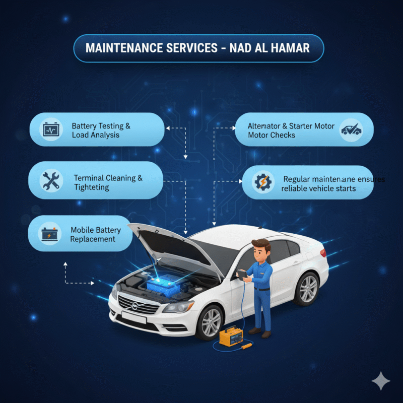 "User guide feature image showing 'Maintenance Services – Nad Al Hamar' title on top, key maintenance points displayed as bullet points on the sides, and an animated car illustration in the center."