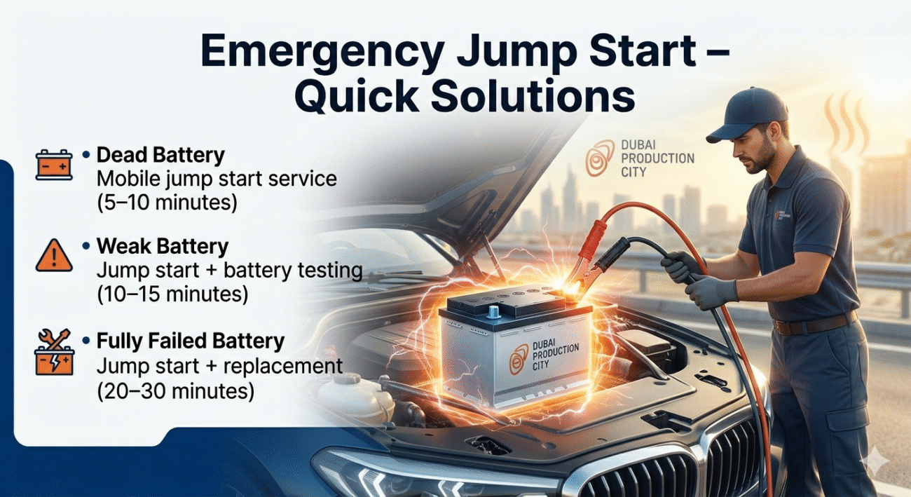 "Emergency jump start quick solutions guide showing a glowing car battery being jump-started with cables, with solutions for dead, weak, and failed batteries displayed on sides with time estimates."