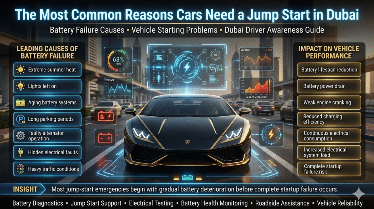 Premium Dubai automotive infographic showing common battery failure causes including extreme heat, aging batteries, long parking periods, alternator issues, electrical faults, and jump-start diagnostics.Instant Hacks for Car jumpstart in Dubai: Complete Guide (2026)
