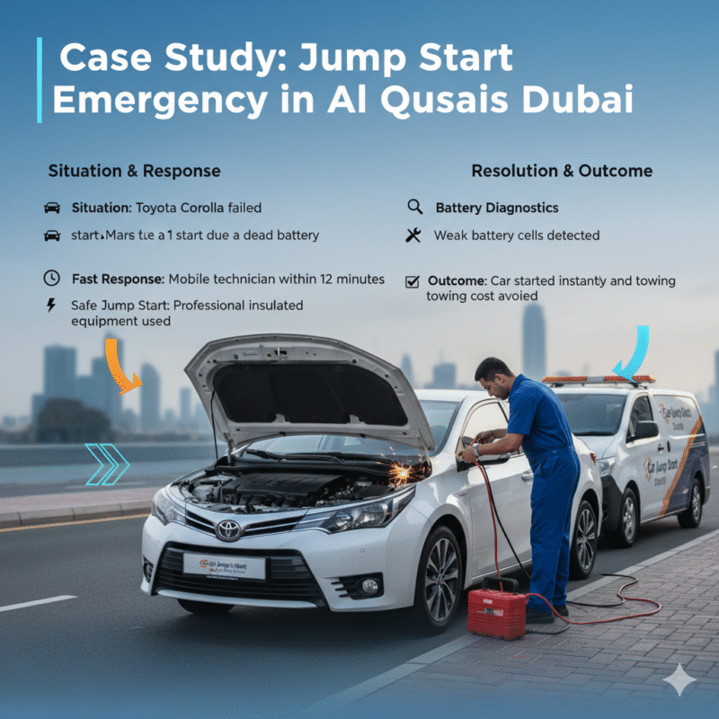 Jump start emergency case study in Al Qusais Dubai showing technician boosting Toyota Corolla battery with mobile roadside assistance.