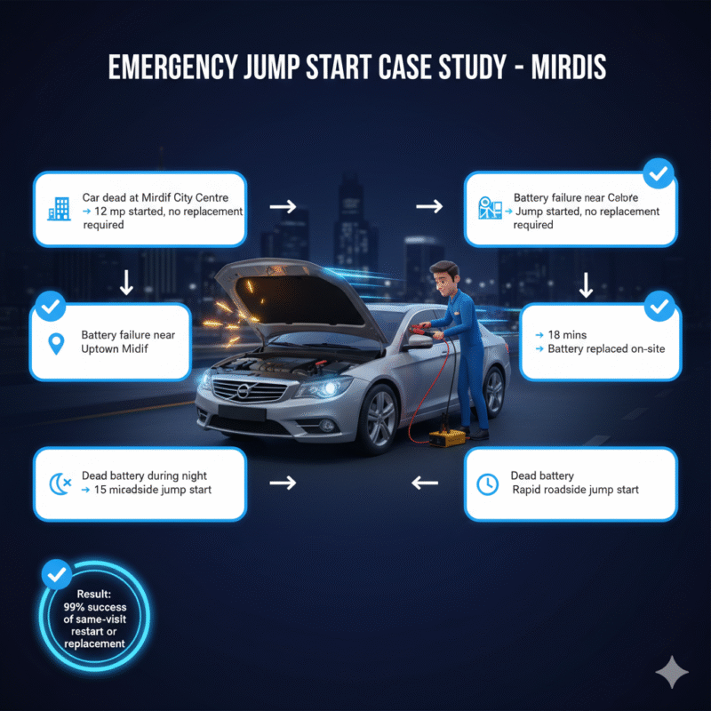 “Animated-style user guide image showing ‘Emergency Jump Start Case Study – Mirdif’ with title at top, case study points as infographic bullets on sides, central 3D car and technician illustration, and 99% success badge.”