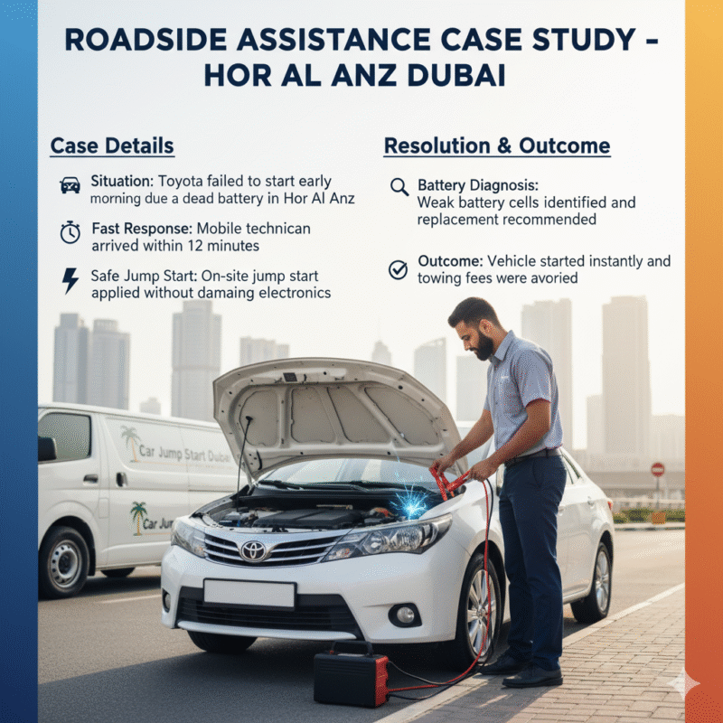 “Roadside assistance case study in Hor Al Anz Dubai showing technician jump starting Toyota Corolla with fast response, safe jump start, and battery diagnostics.”