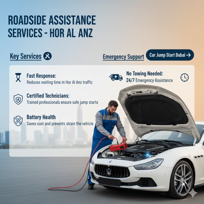 “Professional roadside assistance in Hor Al Anz Dubai showing fast response, certified technicians, battery diagnostics, no towing, and 24/7 emergency service with premium car and technician in center.”