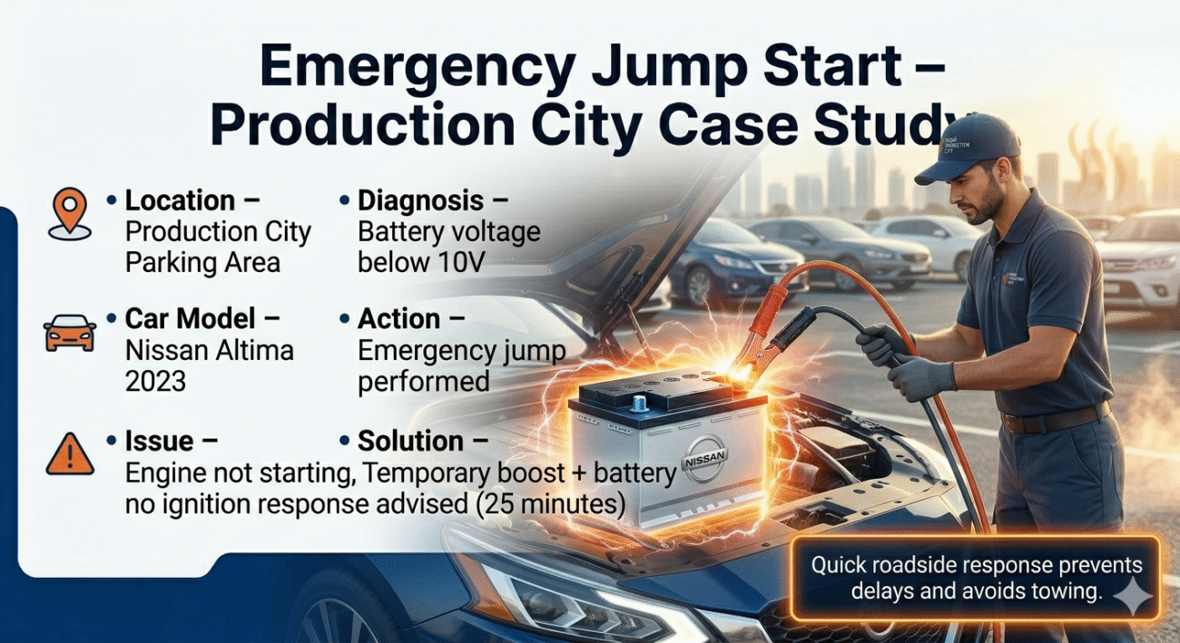 "Emergency jump start case study in Production City showing Nissan Altima being jump-started with glowing battery cables and detailed observations and solutions listed on sides."