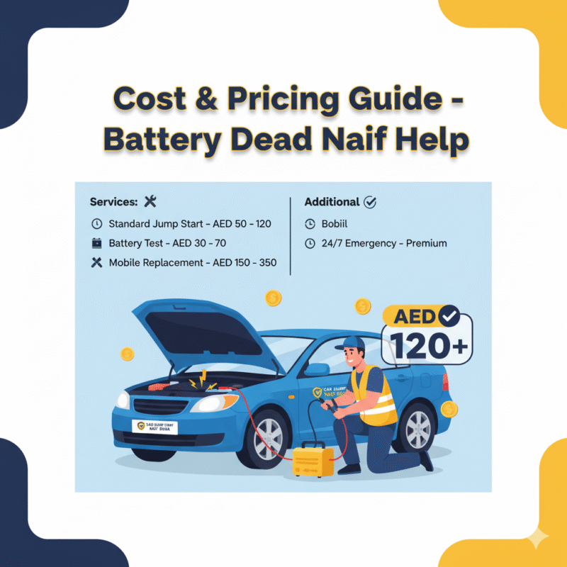 "User guide image showing Battery Dead Naif Help cost and pricing guide with a technician assisting a car in the center and service prices listed on the sides."
