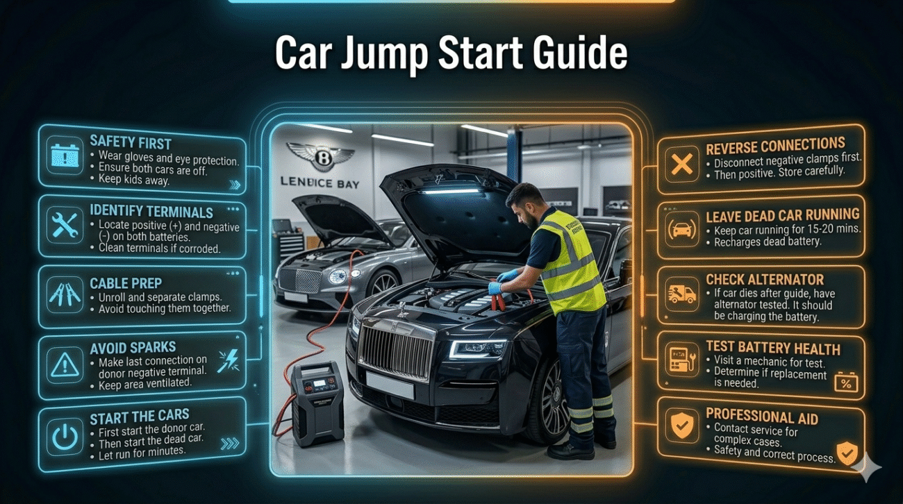 Car jump start guide showing a luxury car in the center with step-by-step instructions displayed on both sides in a clean, modern layout.
