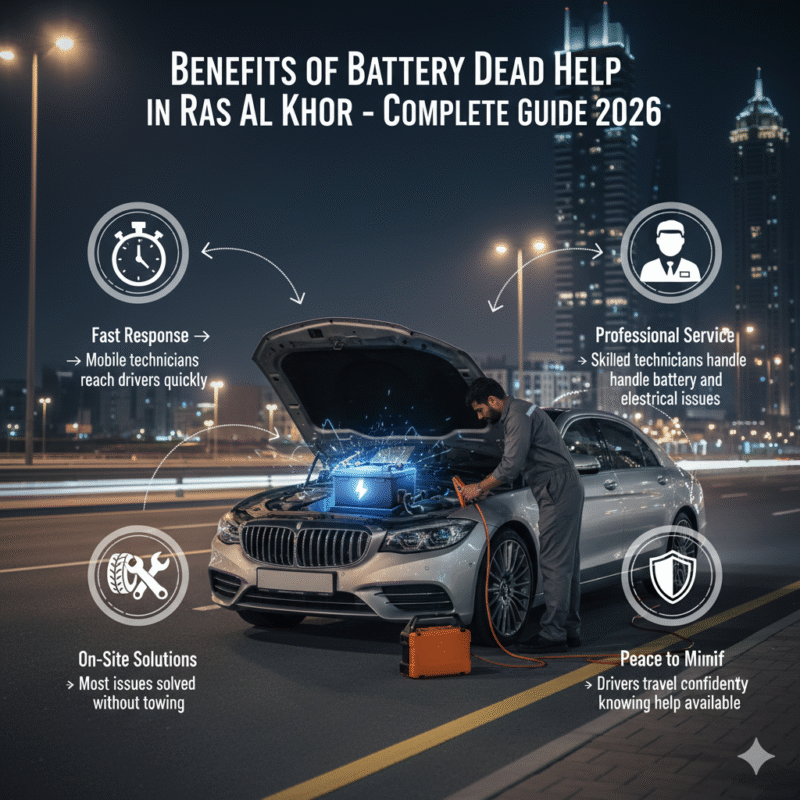 Roadside technician performing battery jump start on a car in Ras Al Khor highlighting fast response, on-site solutions, professional service, and peace of mind.