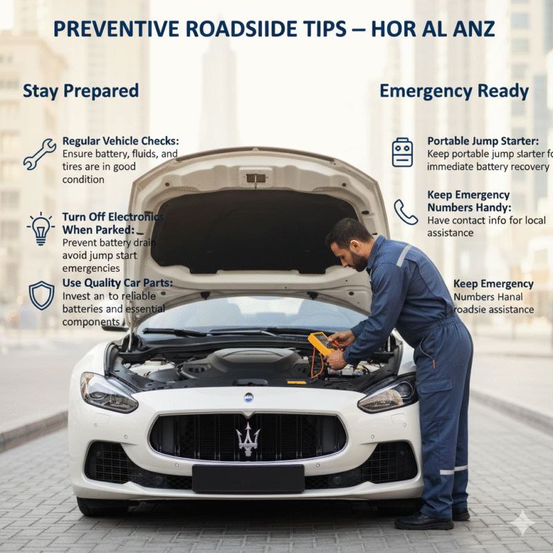 “Preventive roadside assistance tips in Hor Al Anz Dubai showing vehicle checks, electronics off, quality car parts, portable jump starter, and emergency numbers with technician and premium car in center.”