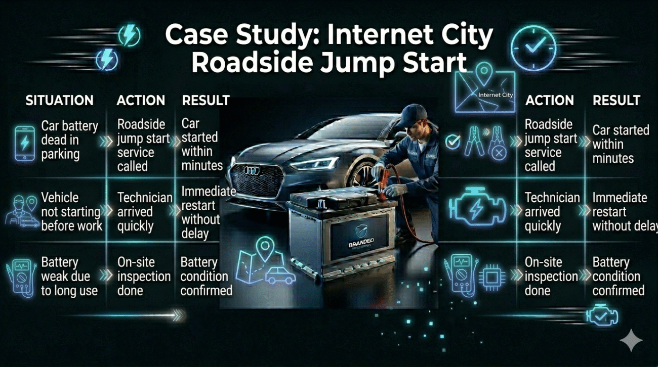 Case study of Internet City roadside jump start showing situation, action, and result including car battery dead, technician response, and quick restart in an infographic layout.