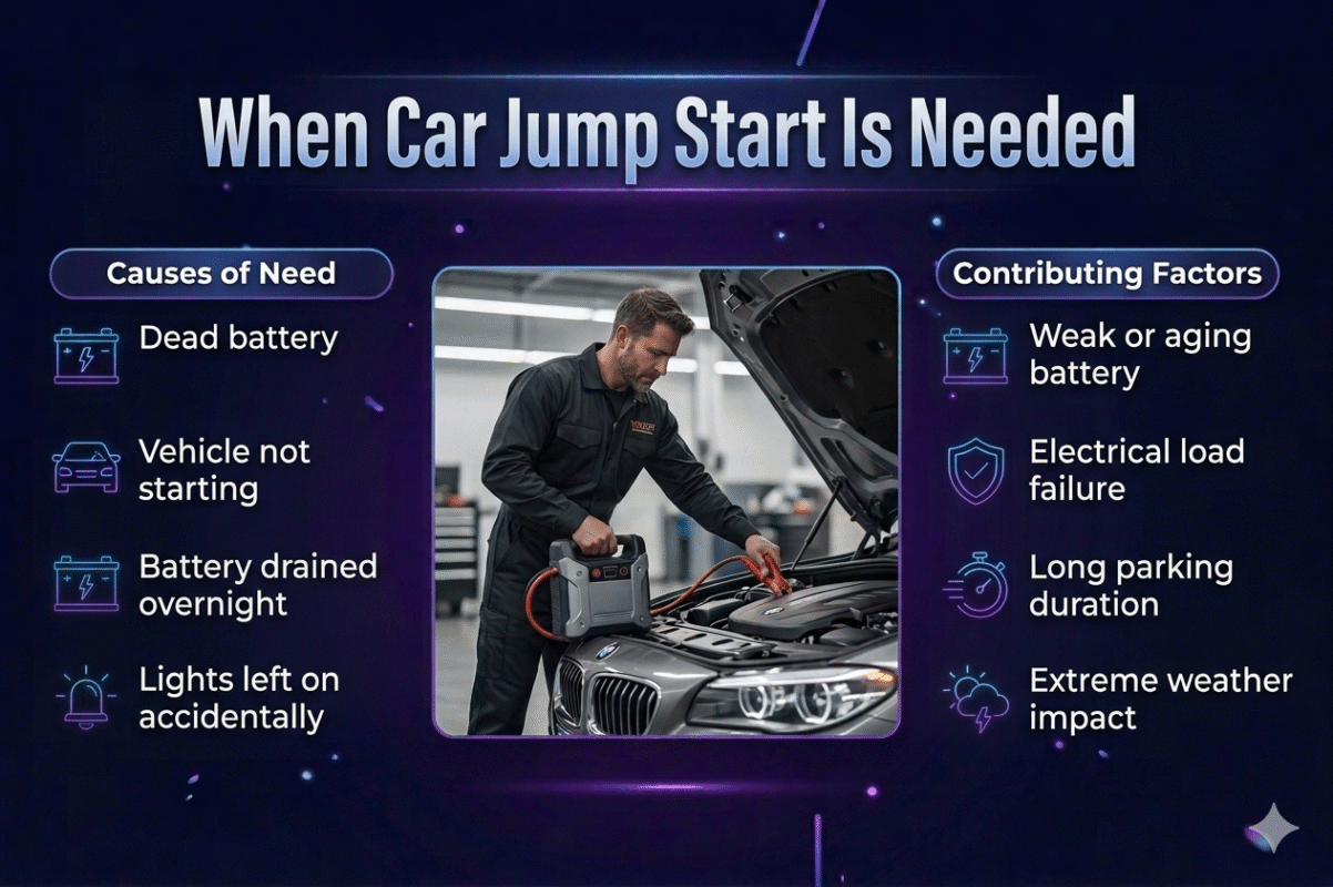 Infographic showing situations when car jump start is needed including dead battery, vehicle not starting, long parking, and extreme weather with a central car image and bullet points on both sides.