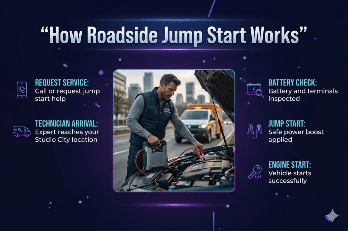 Infographic showing the step-by-step process of roadside jump start including service request, technician arrival, battery check, jump start, and engine start with a central car image and bullet points on both sides.