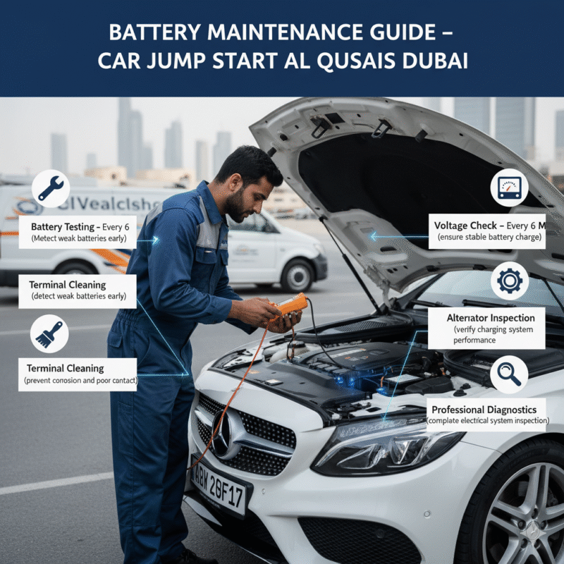 Car battery maintenance guide in Al Qusais Dubai showing battery testing, terminal cleaning, voltage checks, alternator inspection, and professional diagnostics.