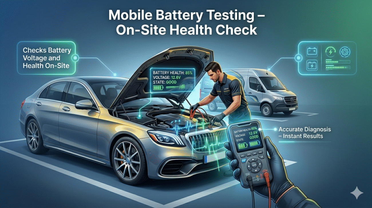 Mobile car battery testing service checking battery voltage and health on-site with diagnostic tools