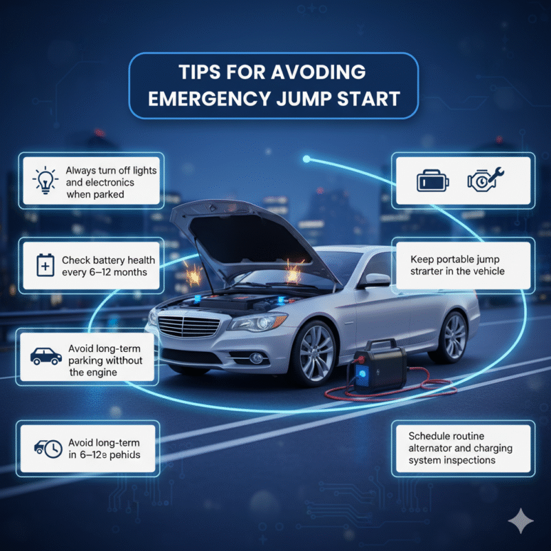 “Animated-style user guide image showing ‘Tips for Avoiding Emergency Jump Start’ with title at top, tips as infographic bullets on sides, and central 3D car with battery and portable jump starter illustration with animated effects.”