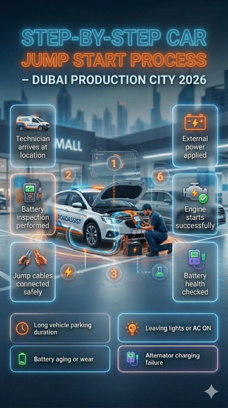 Infographic showing step-by-step car jump start process in Dubai Production City, including technician arrival, battery inspection, safe cable connection, power application, engine start, and final battery health check.