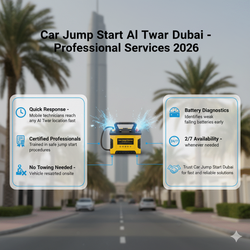 Animated infographic showing professional car jump start services in Al Twar, Dubai. Central animated battery with branded jump starter, key service benefits displayed on left and right sides, title on top.