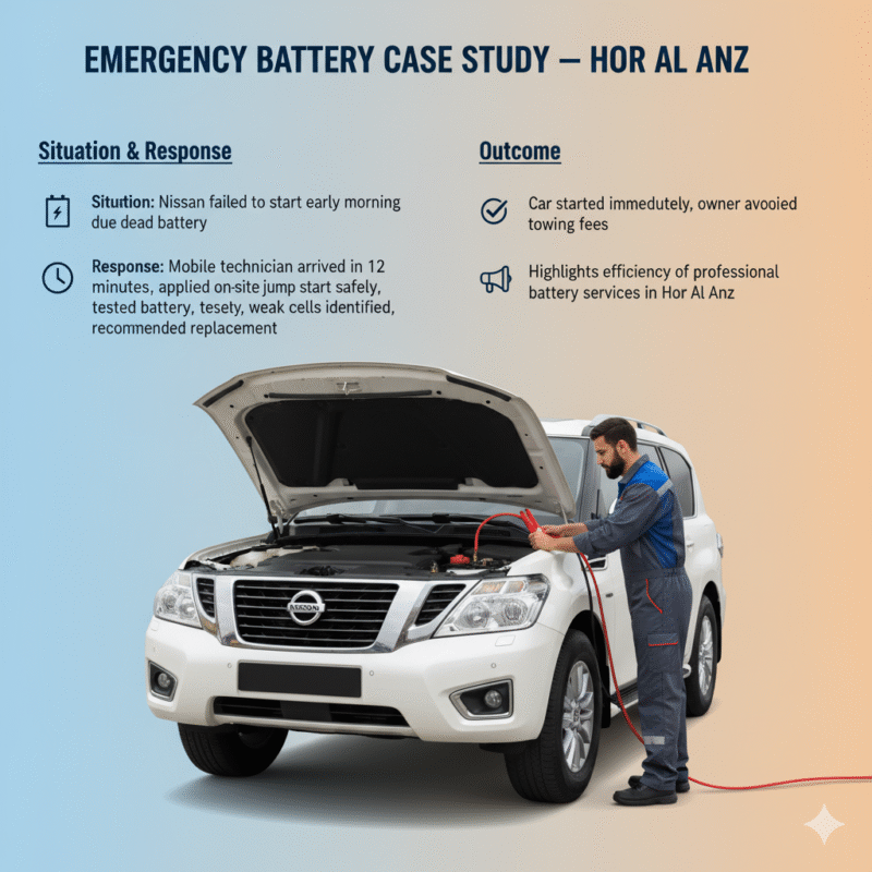 “Professional technician performing emergency jump start on Nissan Patrol in Hor Al Anz Dubai, showing fast mobile response, safe battery service, and premium car in center.”