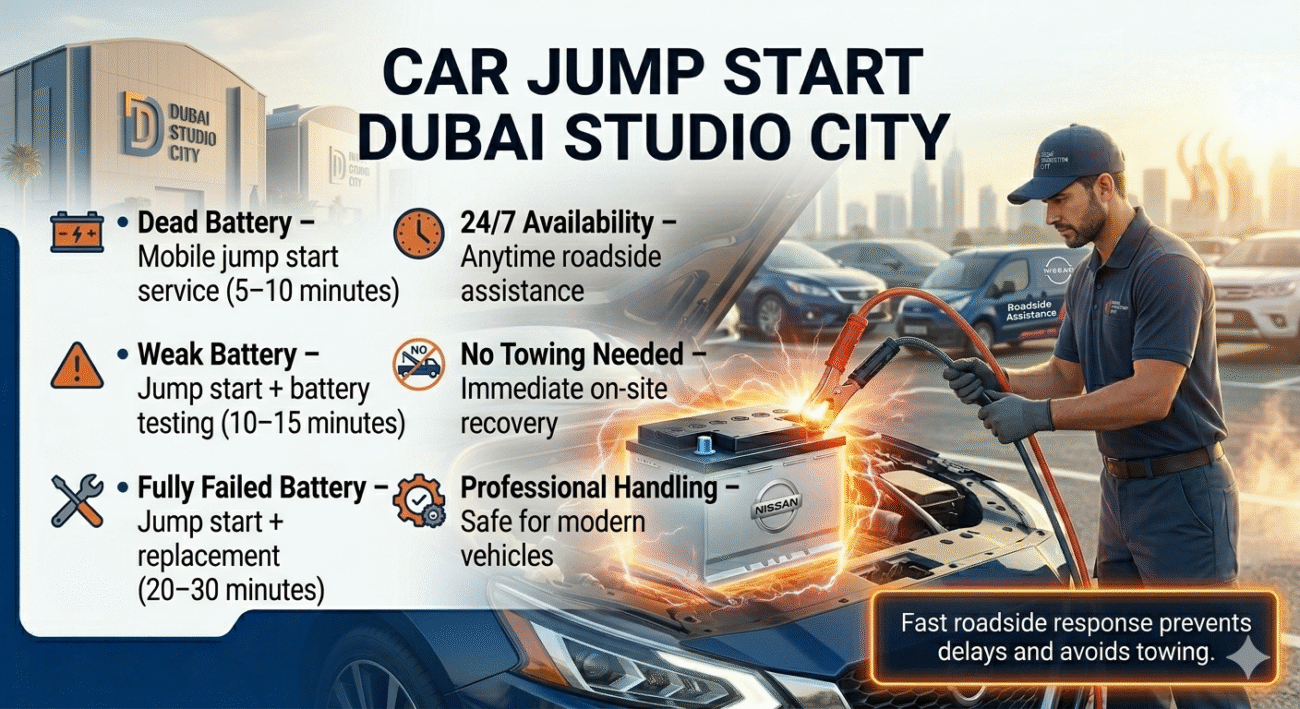 "Car jump start Dubai Studio City guide showing a glowing car battery being jump-started, roadside technician assisting, with key service points displayed on the sides."