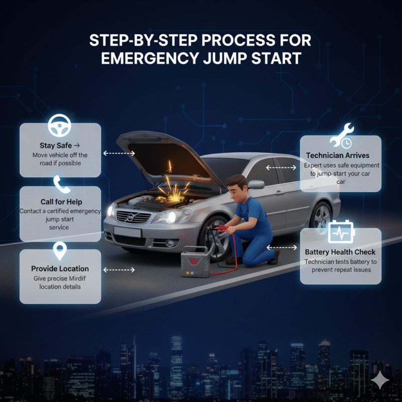 “Animated-style user guide image showing ‘Step-by-Step Process for Emergency Jump Start’ with title at top, step-by-step points as infographic bullets on sides, and central 3D illustration of a car being serviced by a technician.”