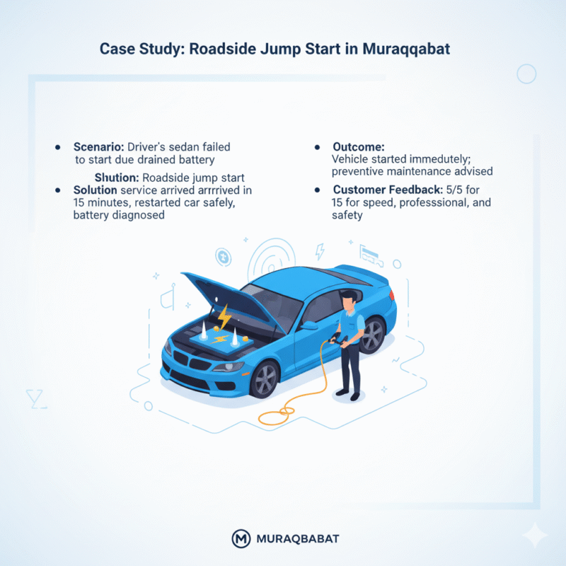 Animated infographic showing a case study of roadside jump start in Muraqqabat. Title at top, key points displayed on sides, central animated car illustration with glowing battery and technician.