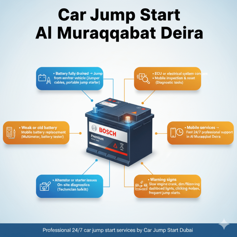 "Car Jump Start Al Muraqqabat Deira infographic showing title on top, key solutions, warning signs, and mobile service points on sides, with premium battery in the center and animated infographic style."