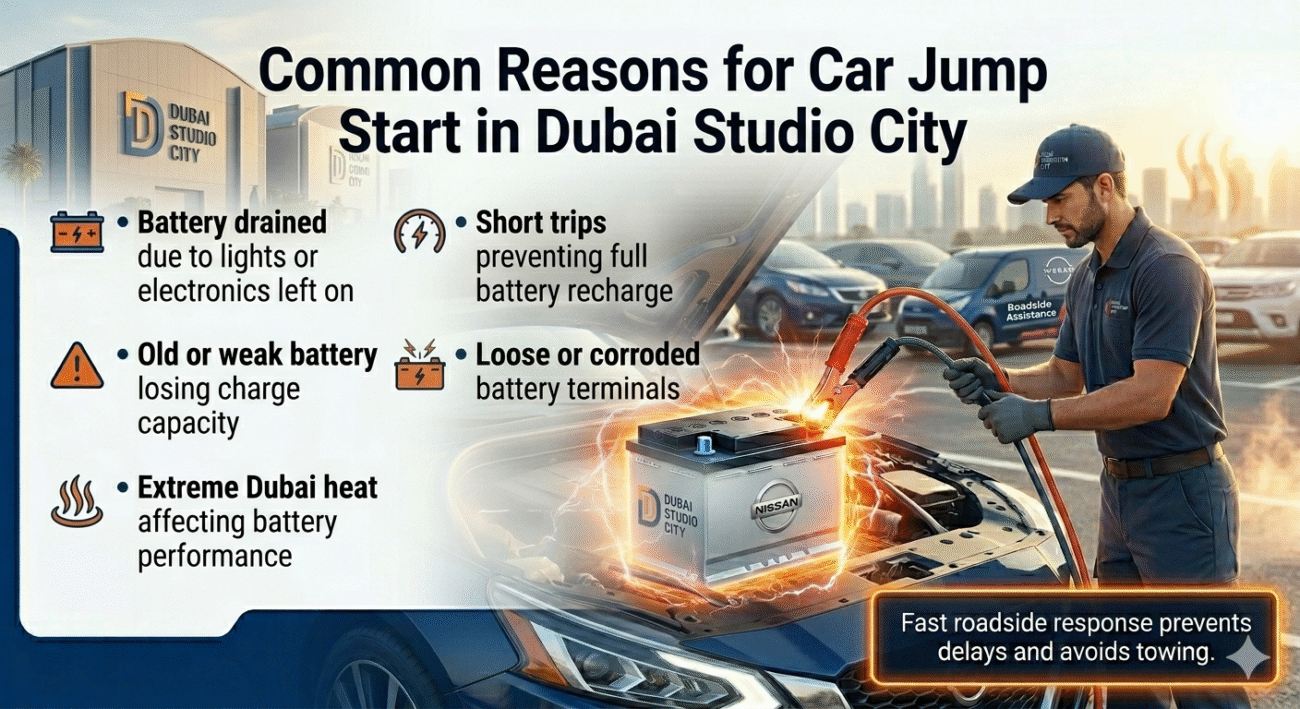 "Common reasons for car jump start in Dubai Studio City showing a glowing car battery being jump-started, technician assisting, with side bullet points of causes like battery drain, heat, and weak battery."