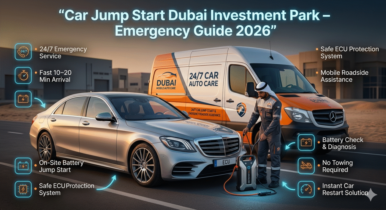 Mobile mechanic performing car jump start in Dubai Investment Park with infographic elements showing emergency roadside battery service features.