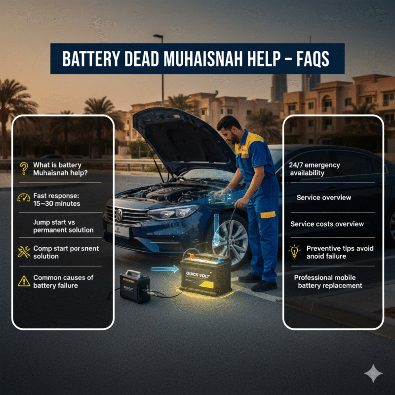 Infographic showing FAQs about battery dead Muhaisnah help, with a glowing battery, technician, and side points highlighting key answers about causes, services, costs, and preventive tips.