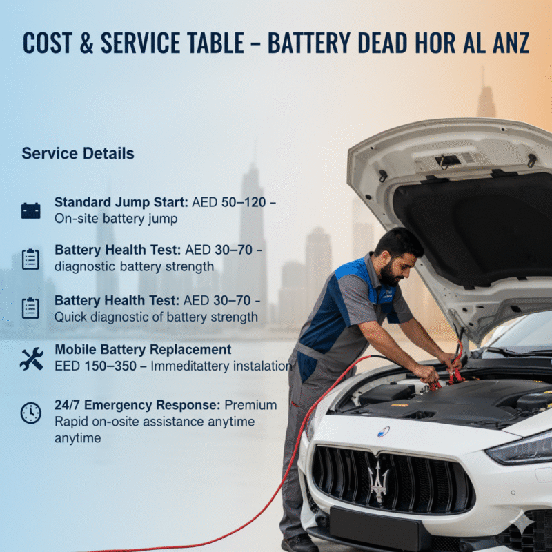“Cost and service guide for battery dead assistance in Hor Al Anz Dubai showing standard jump start, battery health test, mobile battery replacement, and 24/7 emergency response with professional technician and premium car in center.”