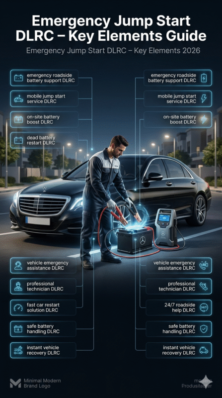 Mobile mechanic performing emergency jump start service in Dubai Land Residence Complex (DLRC) with infographic-style key elements displayed on both sides in a modern automotive guide design.