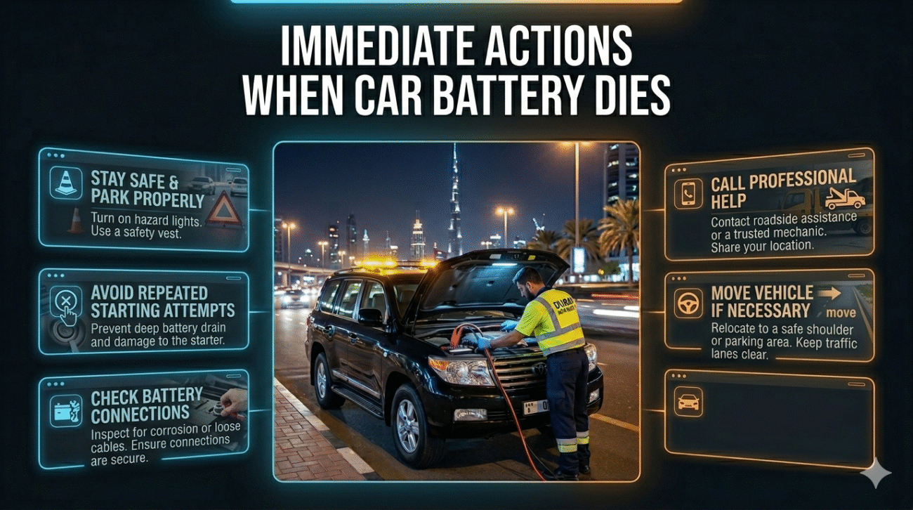 User guide infographic showing immediate actions when a car battery dies, with a central car emergency image and key safety steps displayed on both sides in a modern layout.