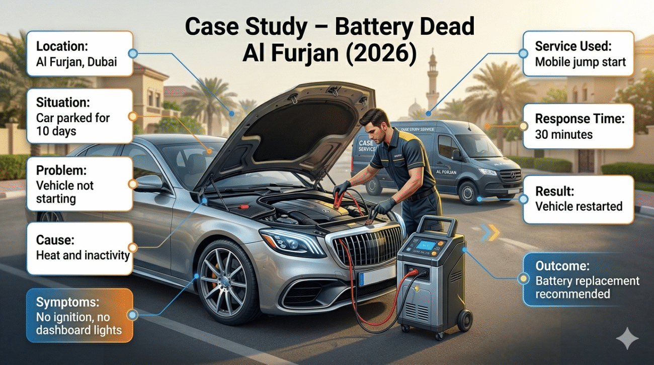 Case study of battery dead Al Furjan showing mobile jump start service, response time, and vehicle restart details