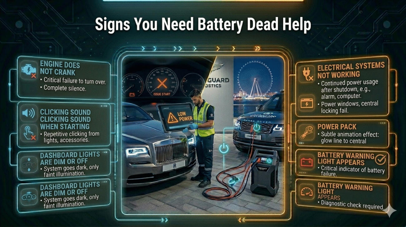 Visual guide showing signs of battery failure with a central car dashboard image and warning signs listed on both sides.