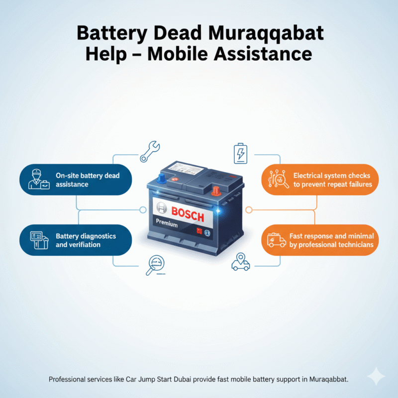 "Battery Dead Muraqqabat Help mobile assistance infographic showing on-site battery support, diagnostics, electrical checks, and fast technician response with a premium car battery in the center."