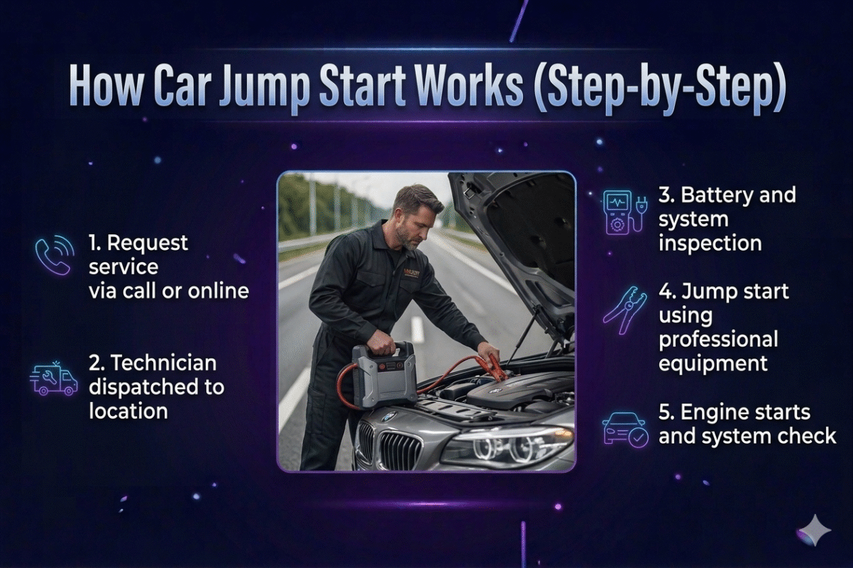 Infographic showing step-by-step process of car jump start including service request, technician arrival, battery inspection, jump start, and engine start with a central car image and side bullet points.