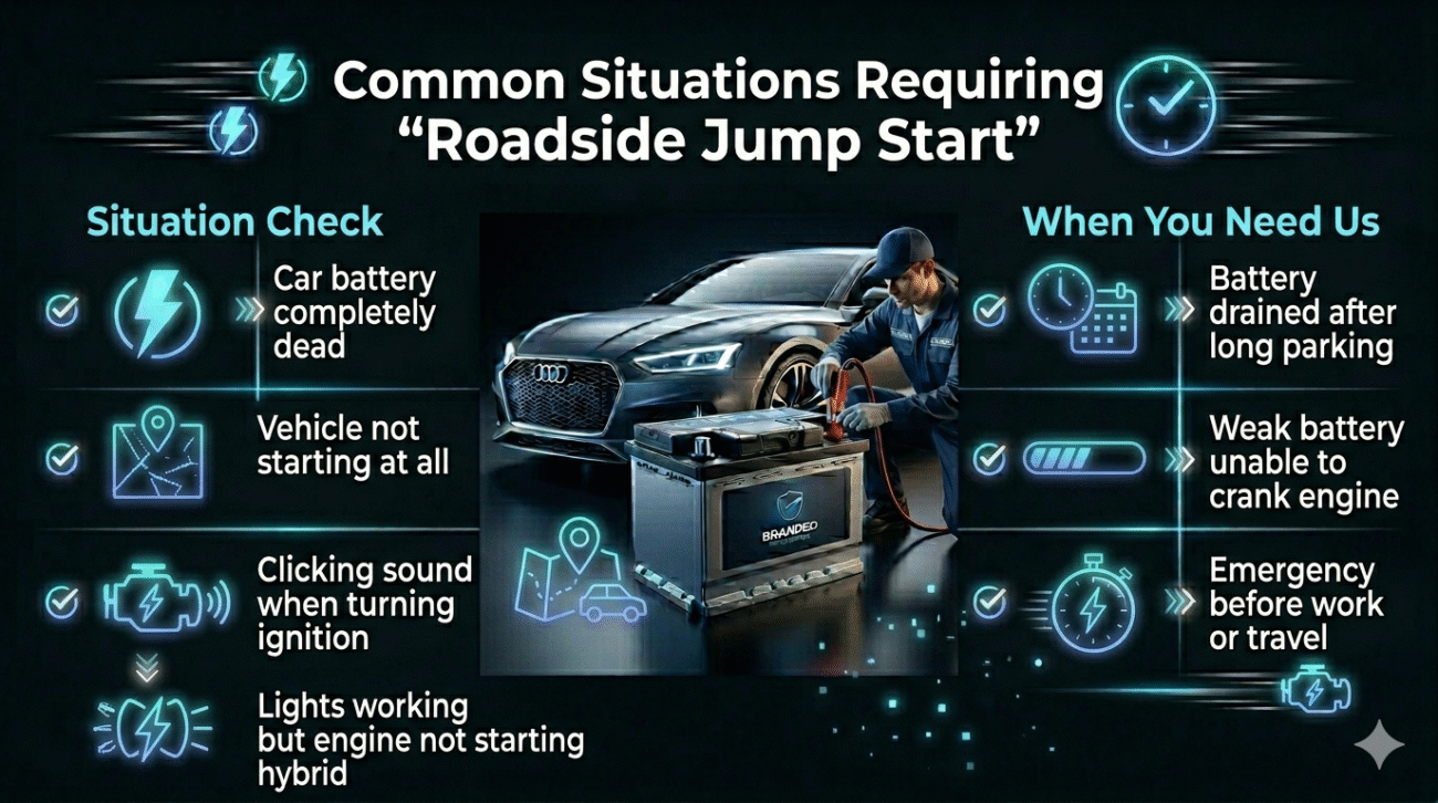 Common situations requiring roadside jump start including dead battery, clicking sound, and vehicle not starting shown in a clean automotive infographic with central car image and bullet points.