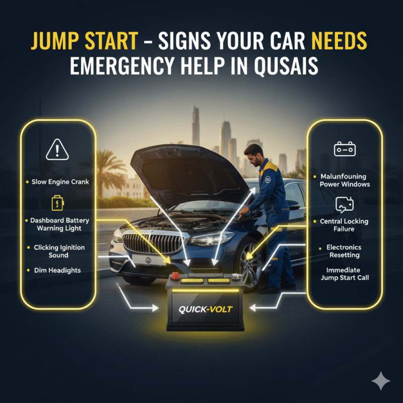 Infographic showing warning signs that indicate a car needs an emergency jump start in Qusais, with a technician inspecting the battery and side points highlighting symptoms.