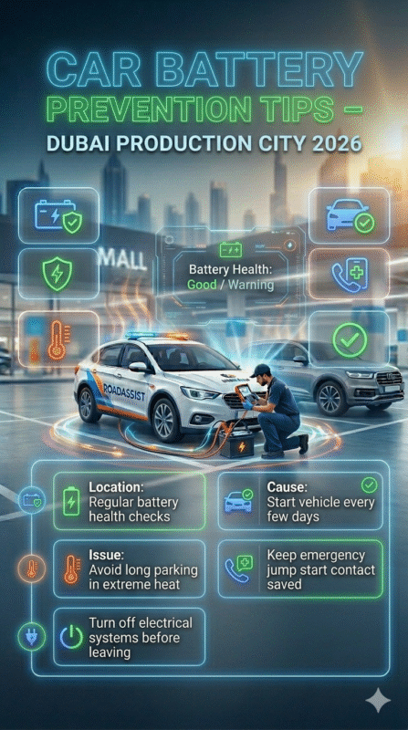Infographic showing car battery prevention tips in Dubai Production City including battery health checks, avoiding heat, turning off systems, regular use, and saving emergency contact.