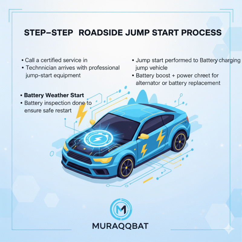 Animated infographic showing the step-by-step roadside jump start process in Muraqqabat. Title on top, key steps on sides, central car illustration with glowing battery and tech symbols.