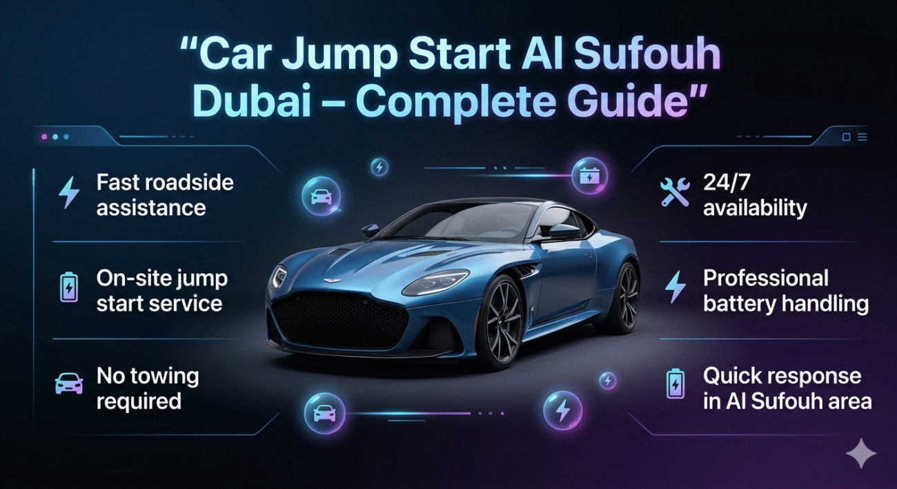 A modern car jump start guide image for Al Sufouh Dubai showing a central luxury car with key service points displayed on both sides in a futuristic layout.