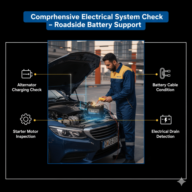 Infographic showing a technician performing a comprehensive electrical system check, inspecting alternator, starter motor, battery cables, and detecting electrical drain.