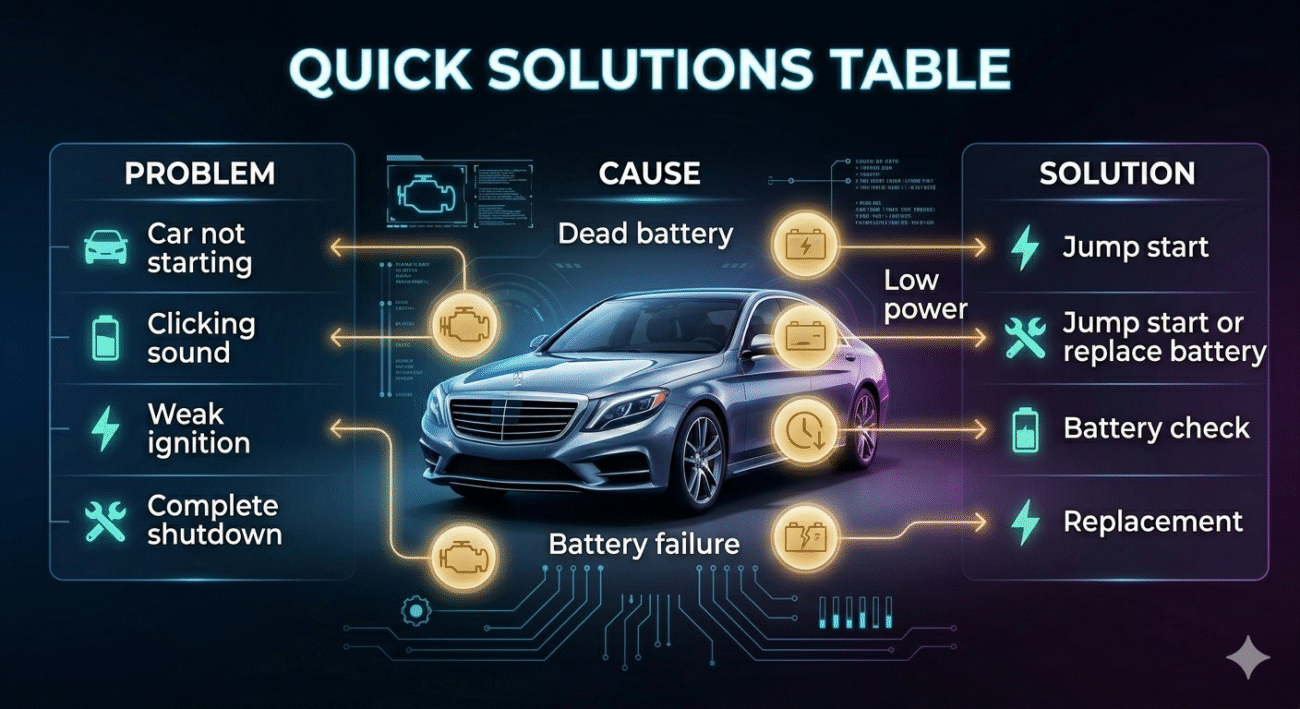 A modern quick solutions table showing car problems, causes, and solutions with a central car image and structured points in a futuristic design.