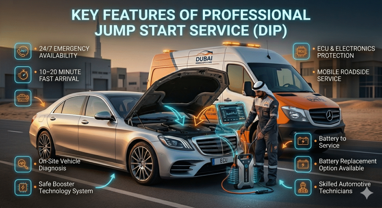 Infographic showing key features of car jump start service in Dubai Investment Park with technician performing battery boost and listed emergency roadside benefits.
