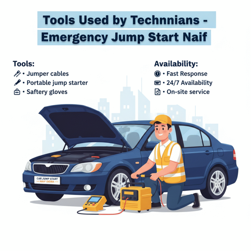 "User guide image showing tools used by technicians for Emergency Jump Start Naif with a technician using jumper cables, portable jump starter, battery tester, and safety gloves in the center."