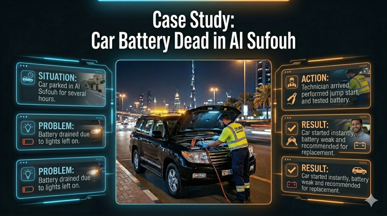Case study infographic showing a car battery emergency in Al Sufouh with situation, problem, action, and result displayed in a structured modern layout.
